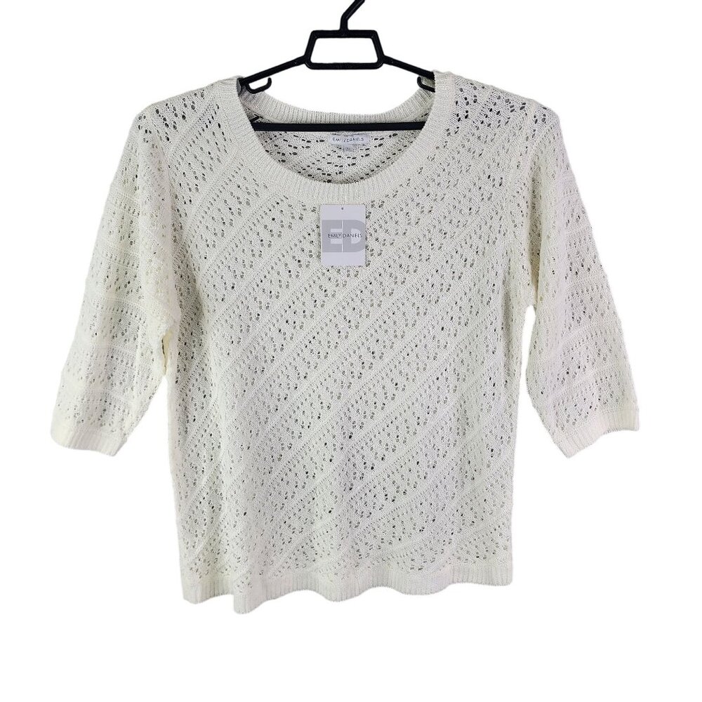 Womens Ivory White Emily Daniels Open-Knit Sweater 3/4 Sleeve Round Neck Size XL